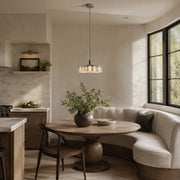 Veined Marble Drum Pendant displayed in a furnished interior