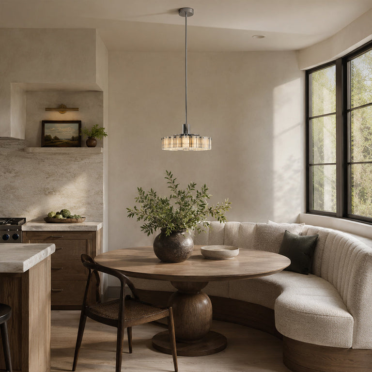 Veined Marble Drum Pendant displayed in a furnished interior