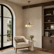 Veined Marble Drum Pendant displayed in a furnished interior