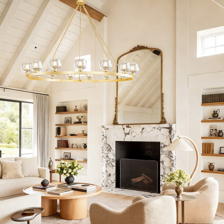 Gold-tone glass cup ring bright living room scene