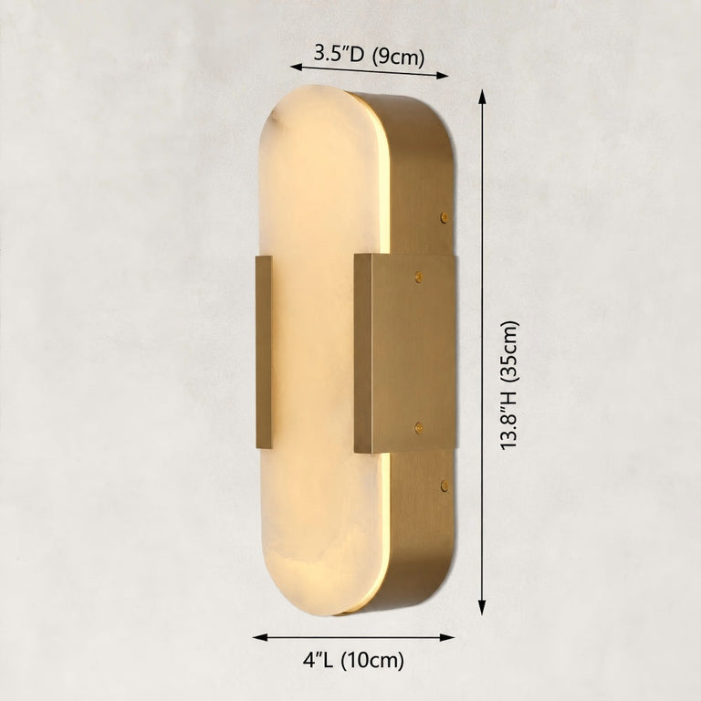 Rounded panel wall sconce, brass-tone 13.8-inch height dimension diagram.