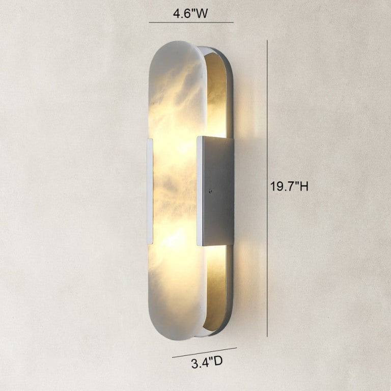 Polished-nickel-tone elongated panel wall sconce dimension diagram.