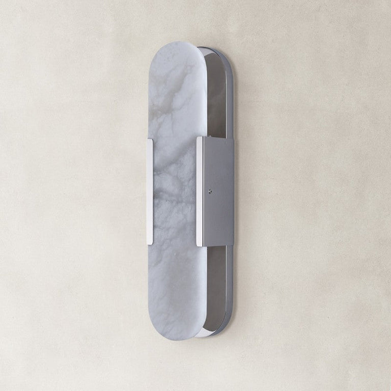 polished-nickel-tone elongated panel wall sconce unlit.