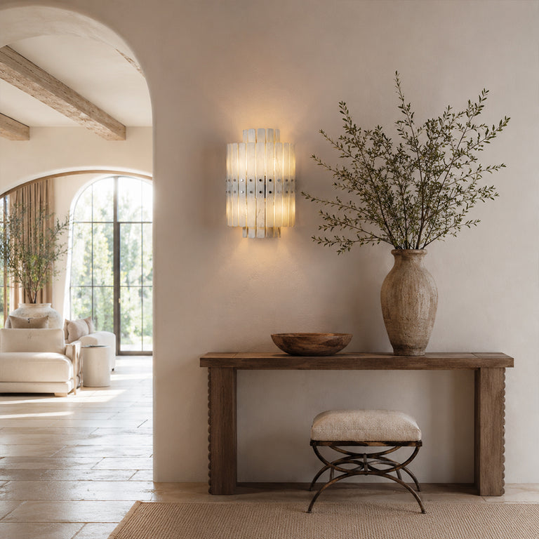 Vertical Layered Marble Wall Sconce displayed in a furnished interior