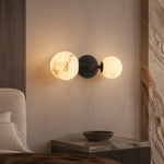 Duo Sphere Twin Globe Alabaster Wall Sconce by Dalmivik, complete fixture view