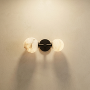 Duo Sphere Twin Globe Alabaster Wall Sconce by Dalmivik, complete fixture view