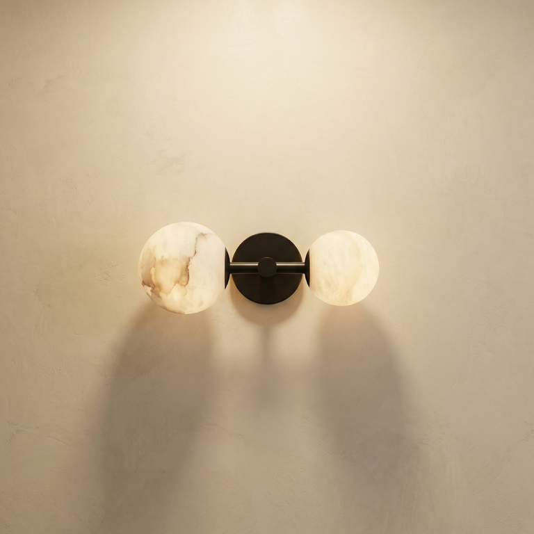 Duo Sphere Twin Globe Alabaster Wall Sconce by Dalmivik, complete fixture view
