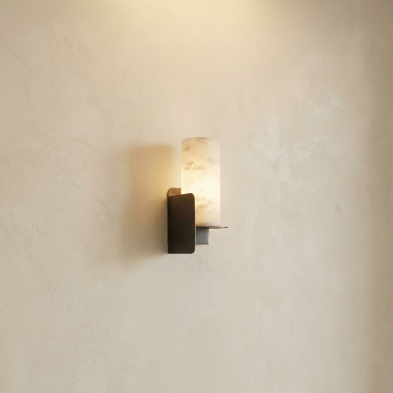 Cylinder Wrap Alabaster Bronze Blade Wall Sconce by Dalmivik, complete fixture view
