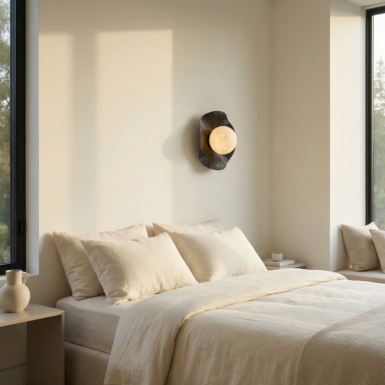 Eclipse Orb Radial Sunburst Alabaster Wall Sconce by Dalmivik, product or room detail view
