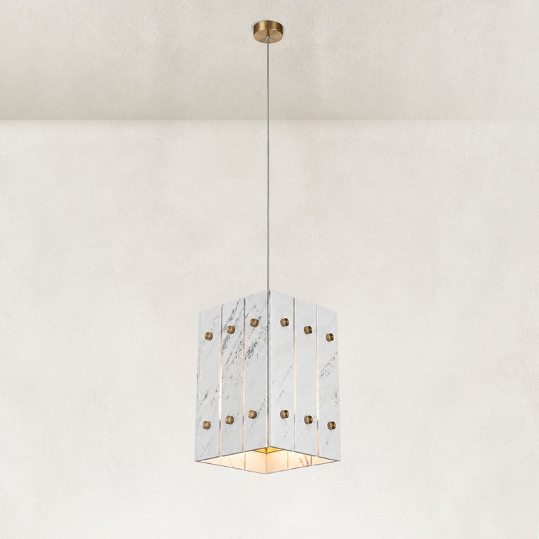 White Gray-Veined Twelve-Panel Marble Lantern Pendant shown in full against a neutral background