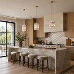 White Gray-Veined Twelve-Panel Marble Lantern Pendant installed above a kitchen island