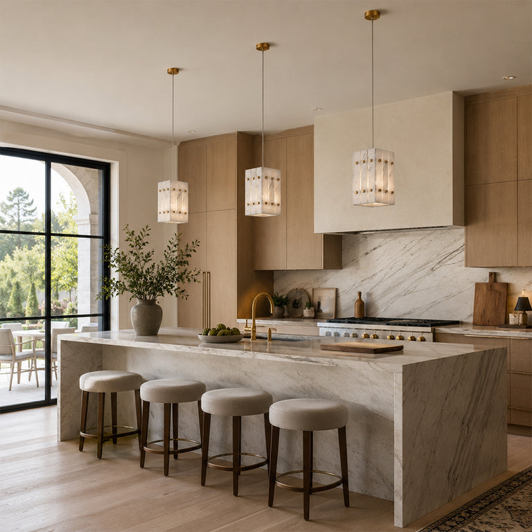 White Gray-Veined Twelve-Panel Marble Lantern Pendant installed above a kitchen island