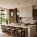 White Gray-Veined Twelve-Panel Marble Lantern Pendant installed above a kitchen island