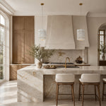 White Gray-Veined Twelve-Panel Marble Lantern Pendant installed above a kitchen island