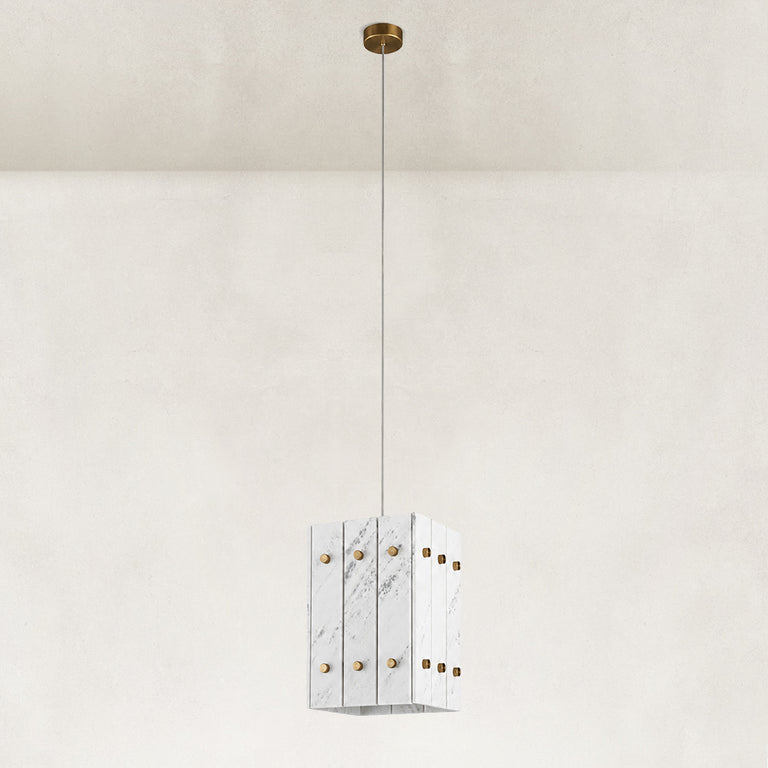 Product detail of White Gray-Veined Twelve-Panel Marble Lantern Pendant against a neutral background
