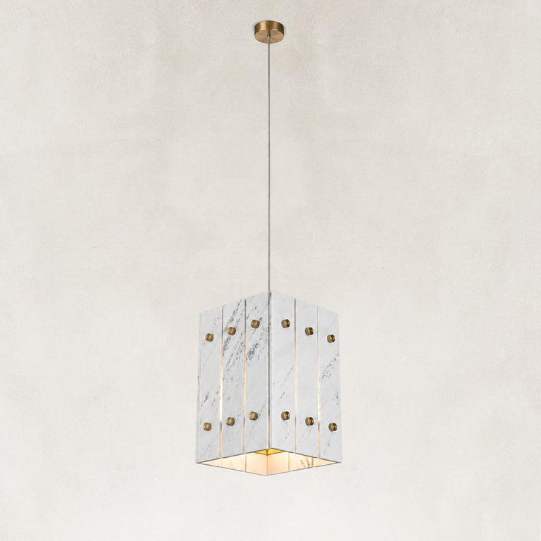 White Gray-Veined Twelve-Panel Marble Lantern Pendant shown against a neutral background