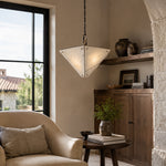 White Inverted Pyramid Marble Pendant displayed in a furnished interior