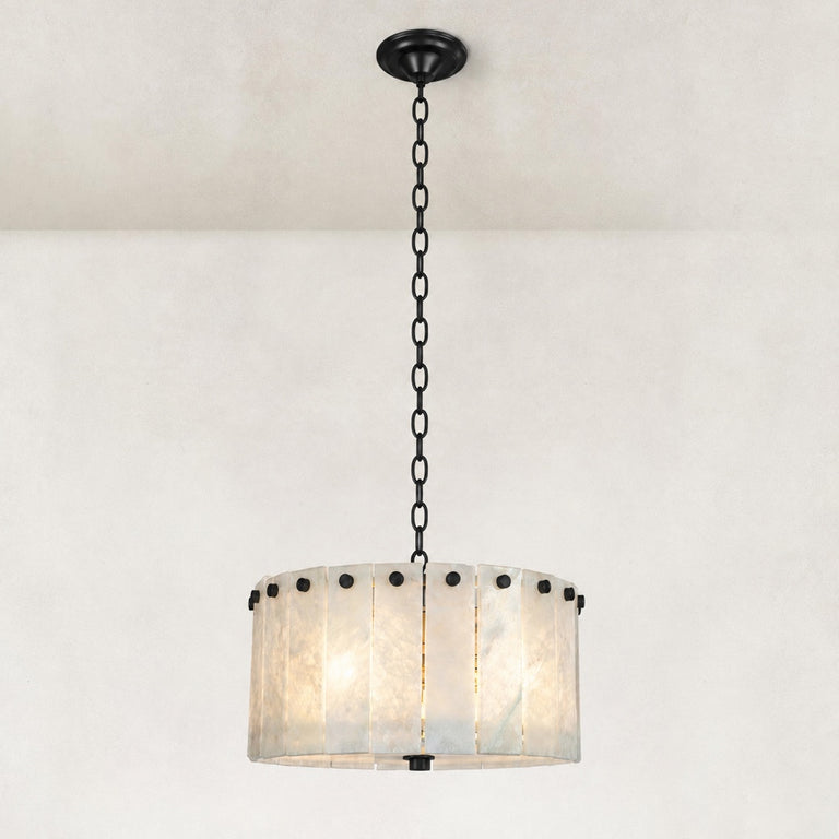 White Marble Drum Pendant 15.7" in Black metal finish, shown as a complete fixture