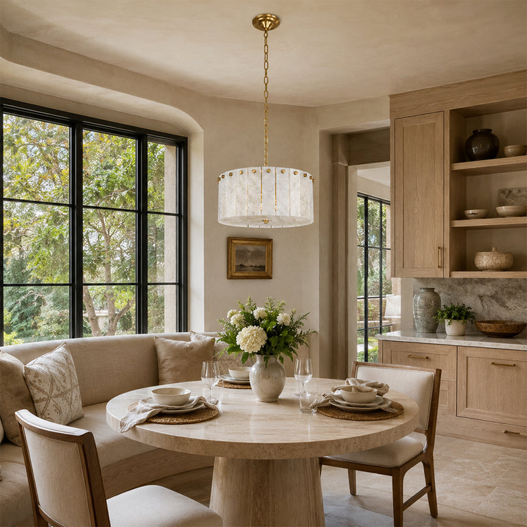 White Marble Drum Pendant installed above a dining table