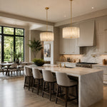 White Marble Drum Pendant installed above a kitchen island
