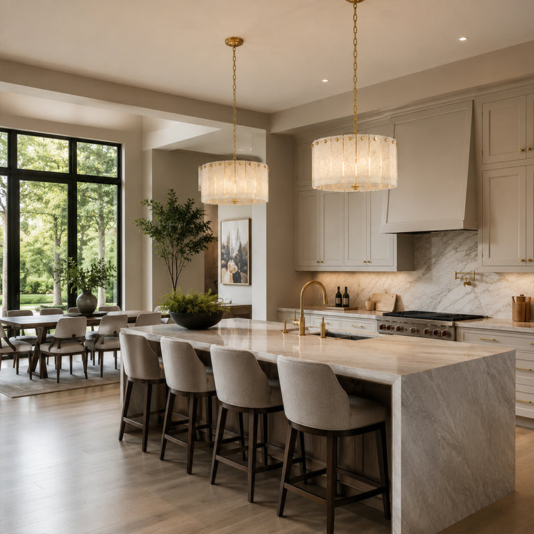 White Marble Drum Pendant installed above a kitchen island