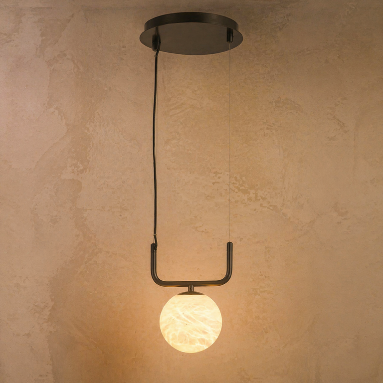 Adjustable Orb Pendant Alabaster by Dalmivik, complete fixture view