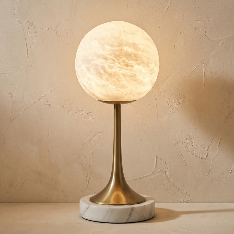 Alabaster Orb Table by Dalmivik, complete fixture view