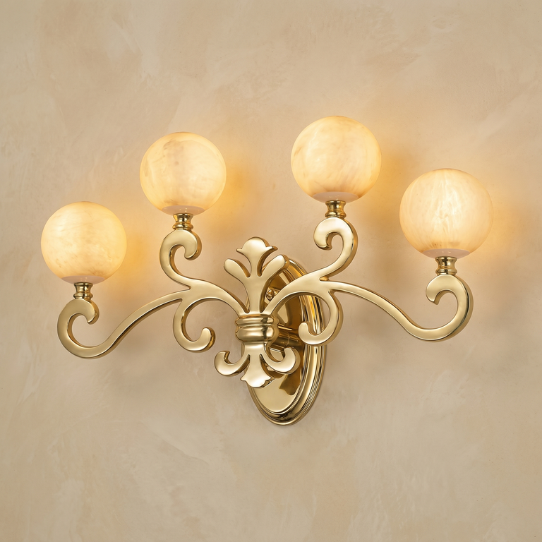 Antique 4-Orb Wall Alabaster by Dalmivik, complete fixture view