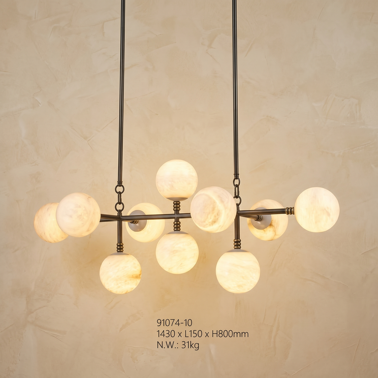 Brass 10-orb Alabaster Pendant Light by Dalmivik, complete fixture view