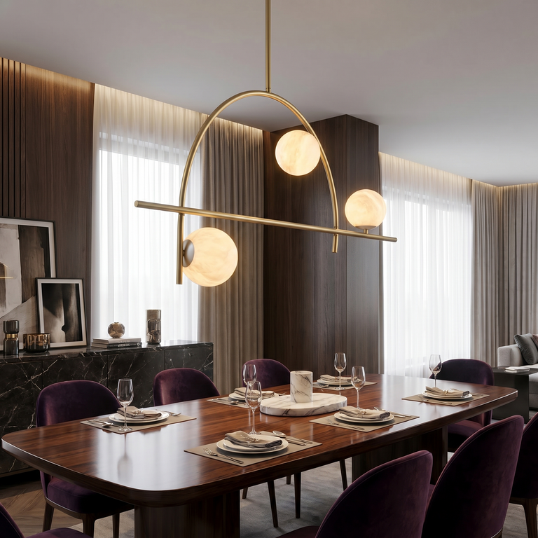 Brass 3-arm Classic Alabaster Pendant Light by Dalmivik, complete fixture view