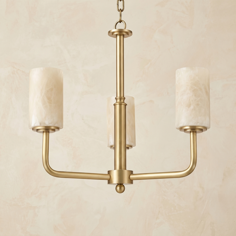 Brass 3-Arm Cylinder Alabaster Pendant Light by Dalmivik, complete fixture view