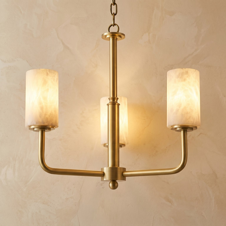 Brass 3-Arm Cylinder Alabaster Pendant Light by Dalmivik, complete fixture view