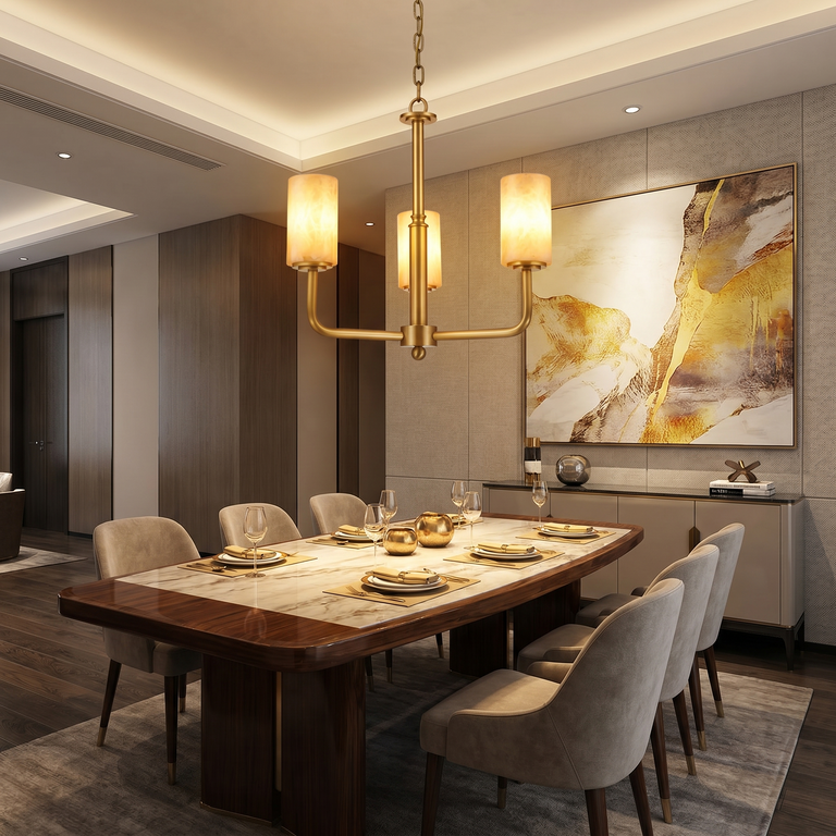 Brass 3-Arm Cylinder Alabaster Pendant Light by Dalmivik, product or room detail view