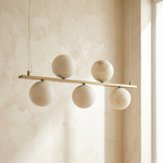 Brass 5-orb Linear Alabaster Pendant Light by Dalmivik, complete fixture view