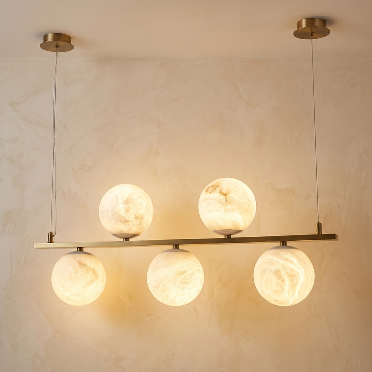 Brass 5-orb Linear Alabaster Pendant Light by Dalmivik, complete fixture view