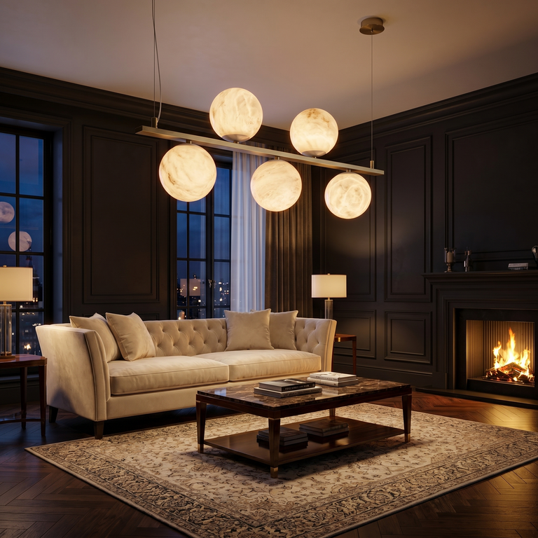 Brass 5-orb Linear Alabaster Pendant Light by Dalmivik, product or room detail view