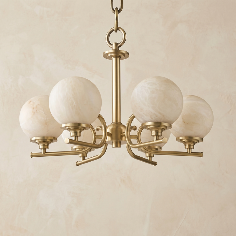 Brass 6-Arm Chandelier Alabaster by Dalmivik, complete fixture view