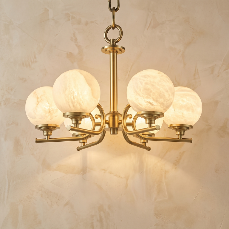 Brass 6-Arm Chandelier Alabaster by Dalmivik, complete fixture view