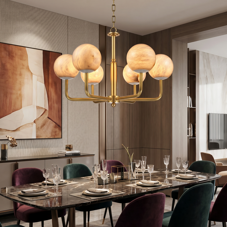 Brass 6-Arm Orb Alabaster Pendant Light by Dalmivik, product or room detail view