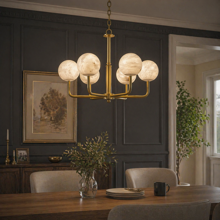 Brass 6-Arm Orb Alabaster Pendant Light by Dalmivik, product or room detail view