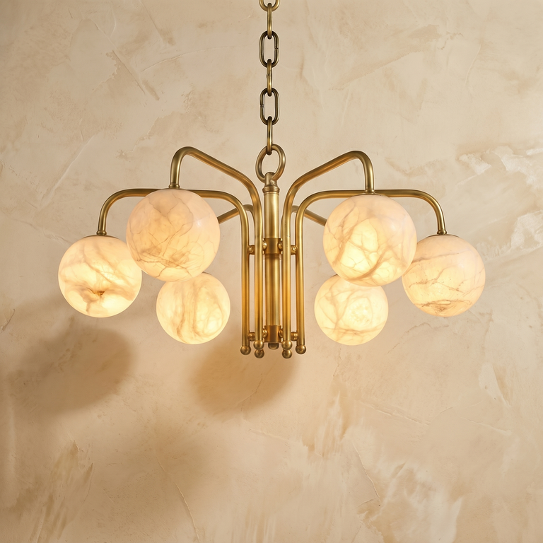 Brass 6-orb Alabaster Pendant Light by Dalmivik, complete fixture view