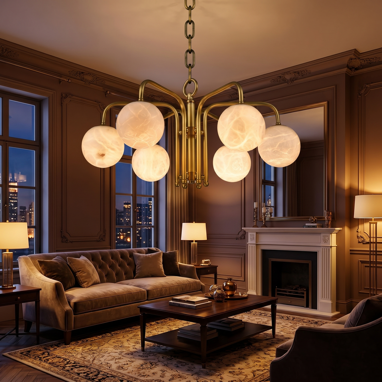 Brass 6-orb Alabaster Pendant Light by Dalmivik, product or room detail view