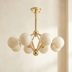 Brass 8-orb Alabaster Pendant Light by Dalmivik, complete fixture view