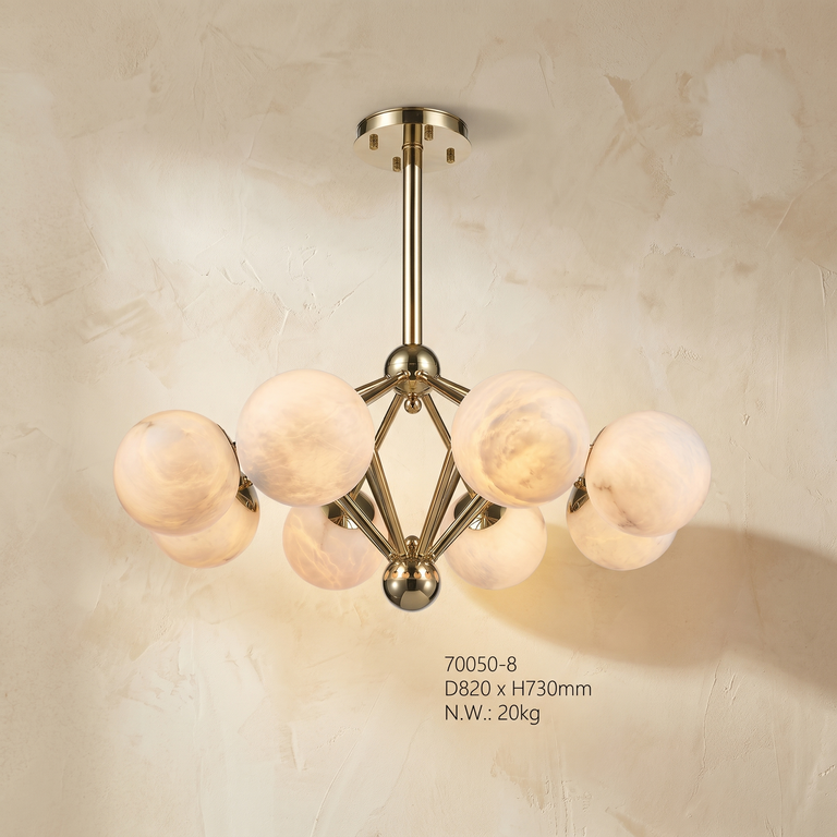 Brass 8-orb Alabaster Pendant Light by Dalmivik, complete fixture view