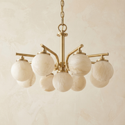 Brass 9-orb (extra) Alabaster Pendant Light by Dalmivik, complete fixture view