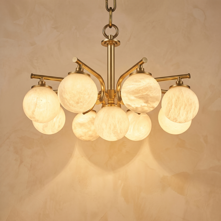 Brass 9-orb (extra) Alabaster Pendant Light by Dalmivik, complete fixture view