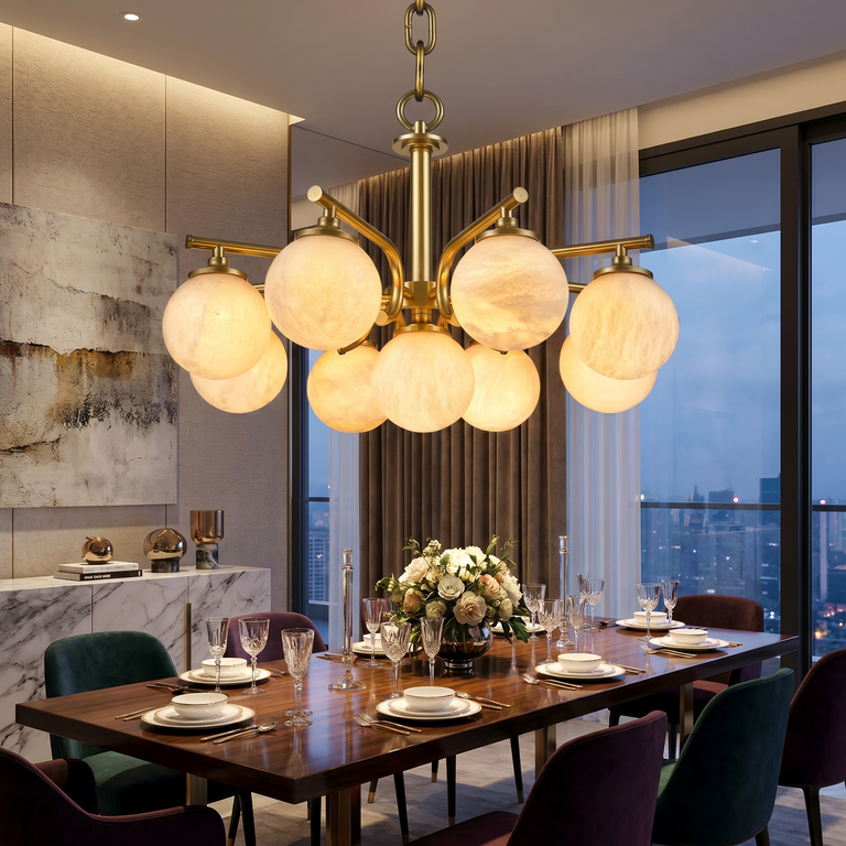 Brass 9-orb (extra) Alabaster Pendant Light by Dalmivik, product or room detail view