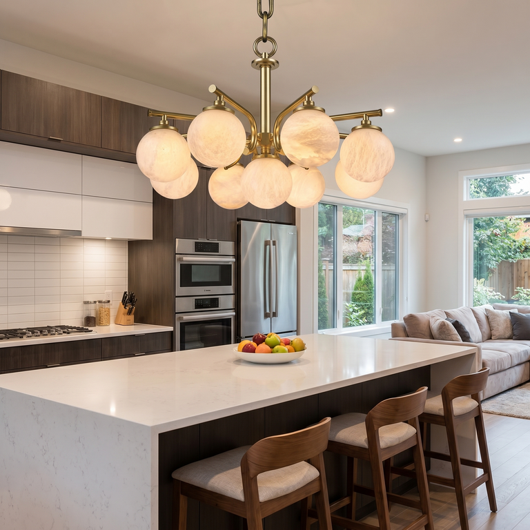 Brass 9-orb (extra) Alabaster Pendant Light by Dalmivik, product or room detail view