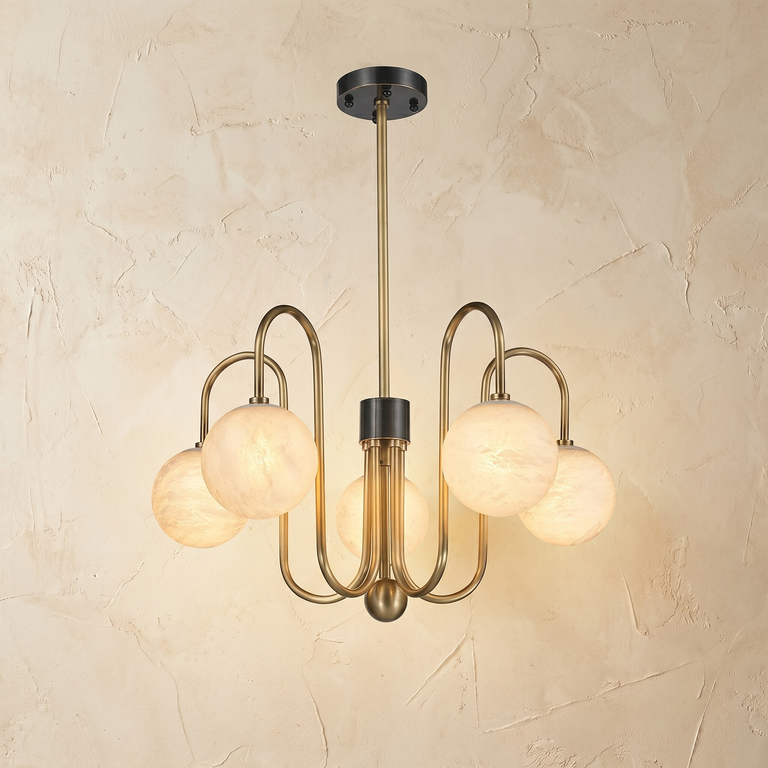 Brass Arc Alabaster Pendant Light by Dalmivik, complete fixture view