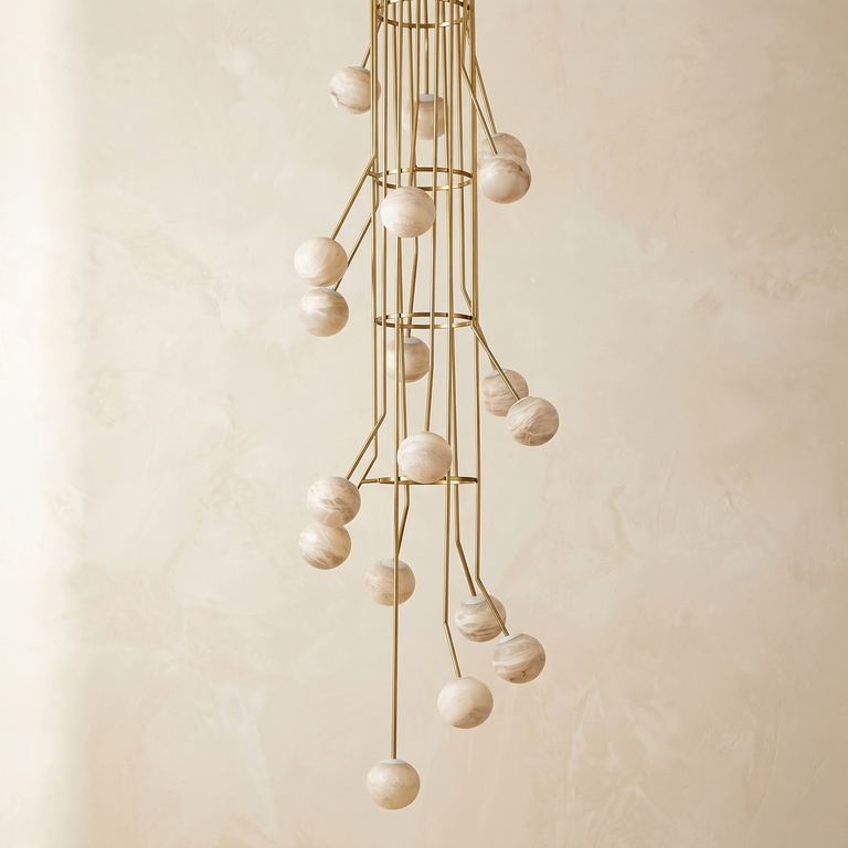 Brass Cascade Alabaster Pendant Light by Dalmivik, complete fixture view